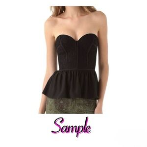 Parker 100 Silk Navy Black Lace Strapless Bustier W/Flared Peplum Hem. XS